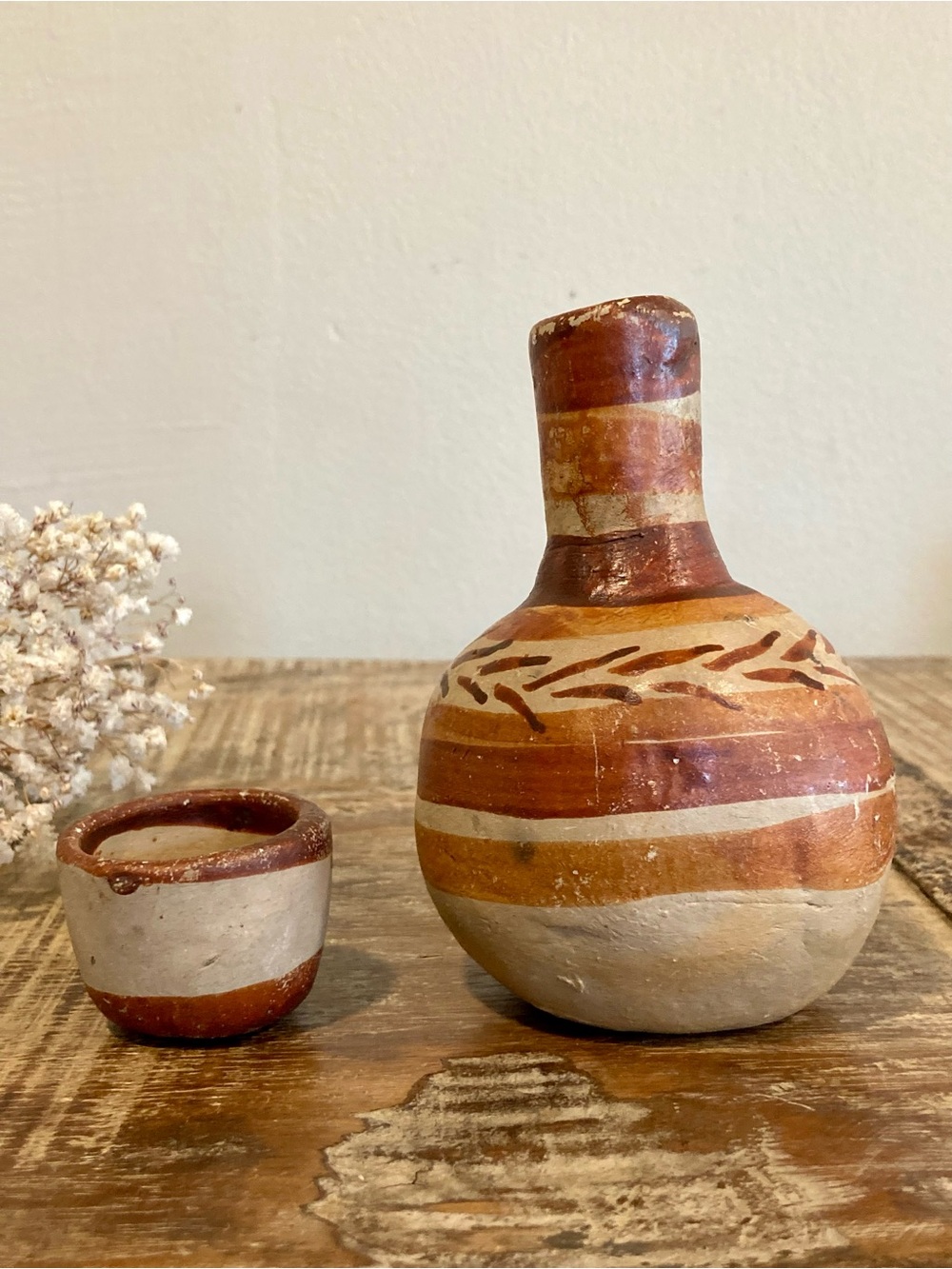 Vintage Rustic Terracotta Decorative Bottle and Cup Set in Earthy Brown & Cream - Picture 5 of 16